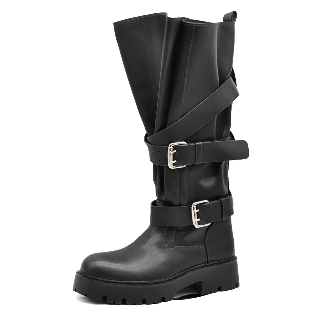 Stivali Biker Donna Alti con Maxi Linguetta Integrata, Fibbie e Cinturini, Gambale Largo, Suola Platform Carrarmato Stile Motociclista WG602