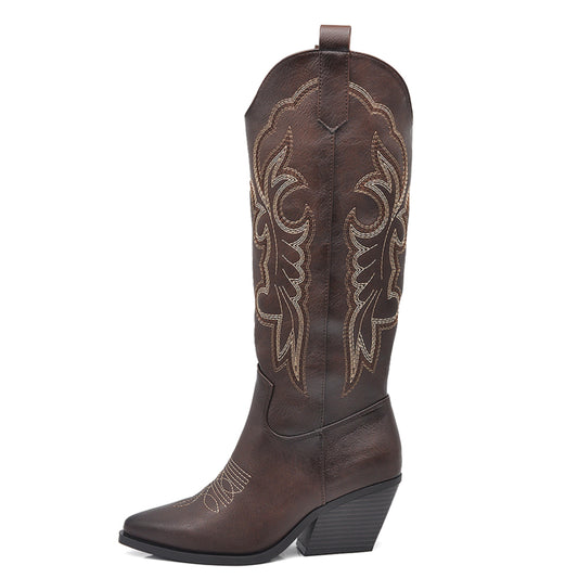 Stivali Texani Donna al Ginocchio Effetto Vintage – Stivali Western Ricamati con Tacco Largo