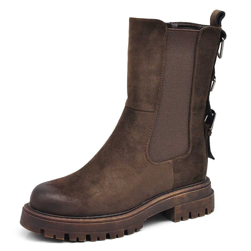 Stivali Biker Ciclista Stivaletti Chelsea Donna con Suola Spessa Chunky 3 Fibbie Posteriori  MP2747-3