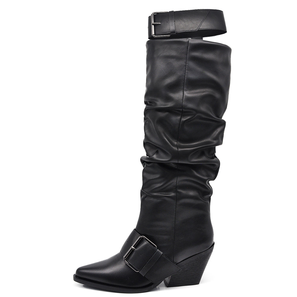 Stivali Texani Western alti donna con punta affusolata e gambale arricciato tacco a cono e cinturino largo rimovibile GA043 nero