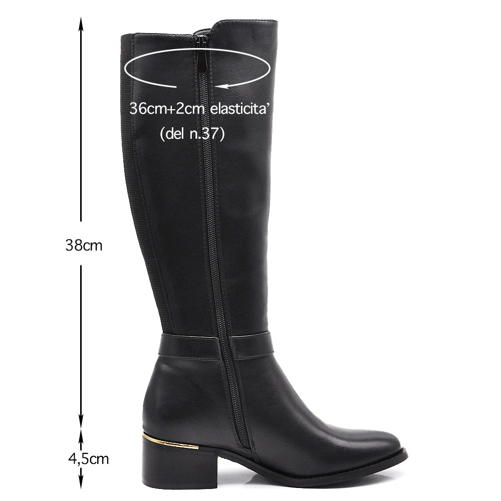 Stivali alti da donna con fibbia dorata eleganti al ginocchio  tacco basso gambale elasticizzato 2417-1