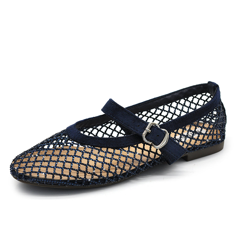 Ballerine Donna Mary Jane a Rete con Strass, Scarpe Basse Traforate con Cinturino e Fibbia, Ballerine Gioiello Eleganti