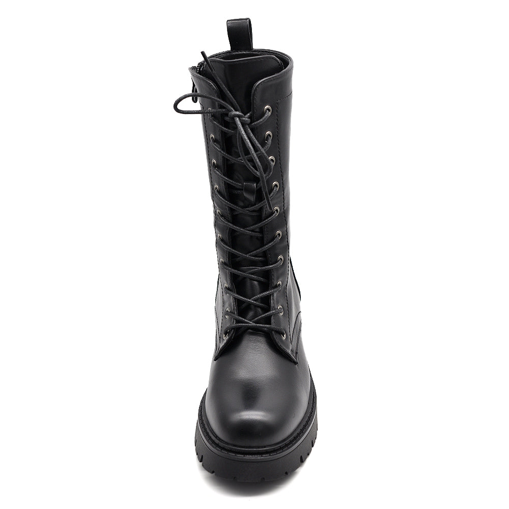 Stivali Anfibi Donna Alti Stringati con Suola Carrarmato e Zip Laterale – Combat Boots Biker