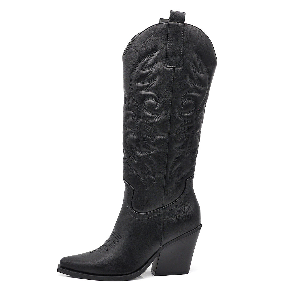 Stivali Texani Donna al Ginocchio con Tacco Largo – Stivali Western Eleganti