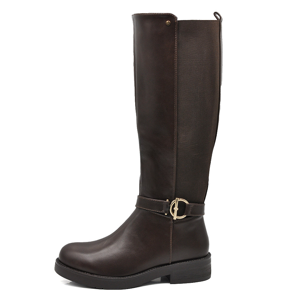 Stivali Donna Cavallerizzi con Inserto Elastico e Fibbia – Stivali Alti Stile Equestre con Zip Laterale 736