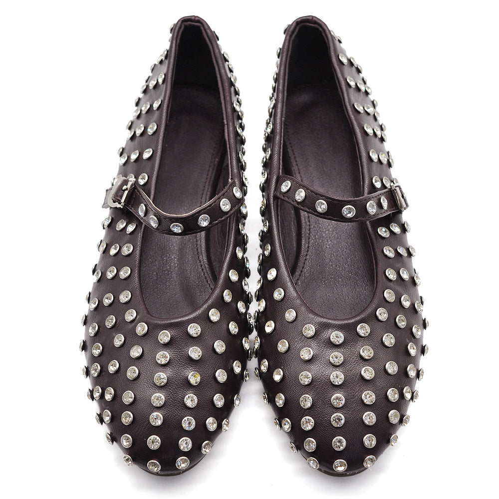 Mary Jane Ballerine con Cinturino Borchie e Strass Brillantini Punta Tonda in Pelle H90