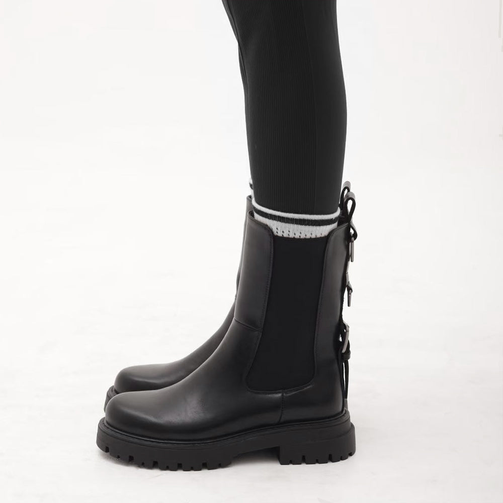 Stivali Biker Ciclista Stivaletti Chelsea Donna con Suola Spessa Chunky 3 Fibbie Posteriori  MP2747-3