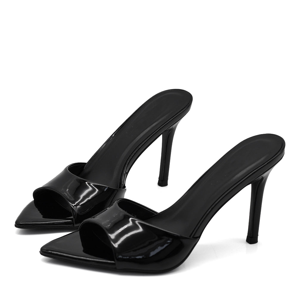 Sandali sabot donna in vernice lucida con tacco stiletto e punta affusolata