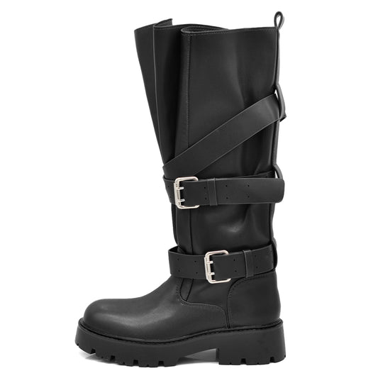 Stivali Biker Donna Alti con Maxi Linguetta Integrata, Fibbie e Cinturini, Gambale Largo, Suola Platform Carrarmato Stile Motociclista WG602