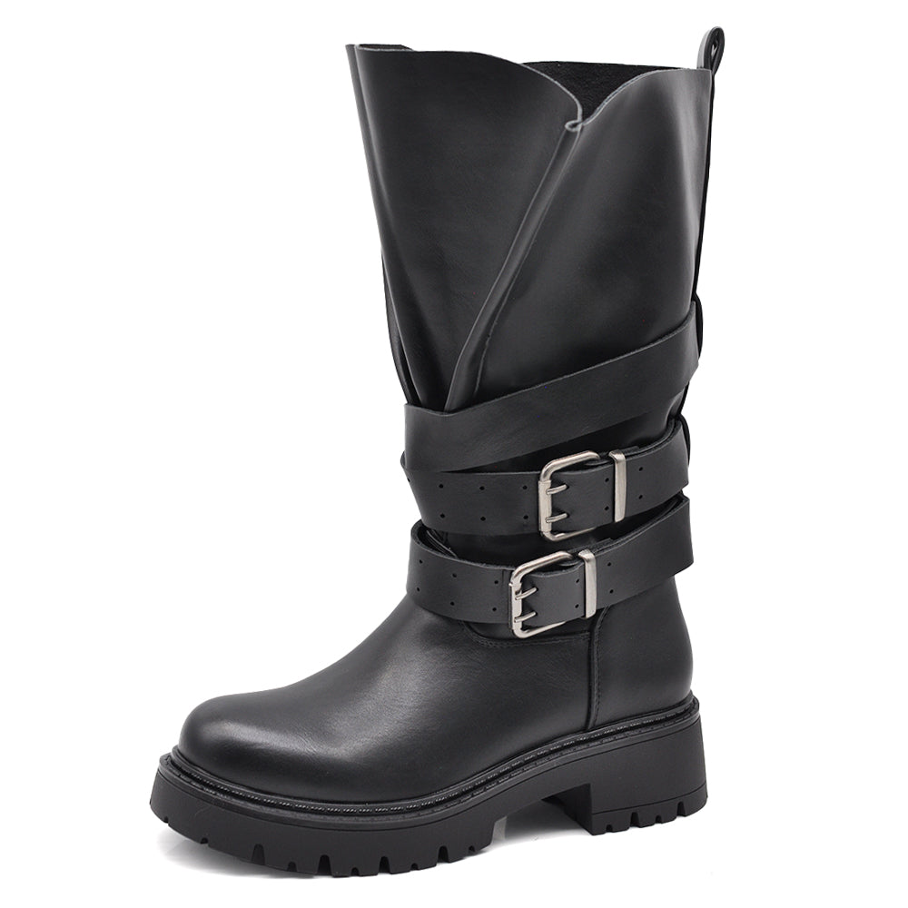 Stivali Biker Donna al Polpaccio con Maxi Linguetta Integrata, Fibbie e Cinturini, Gambale Largo, Suola Platform Carrarmato Stile Motociclista G737