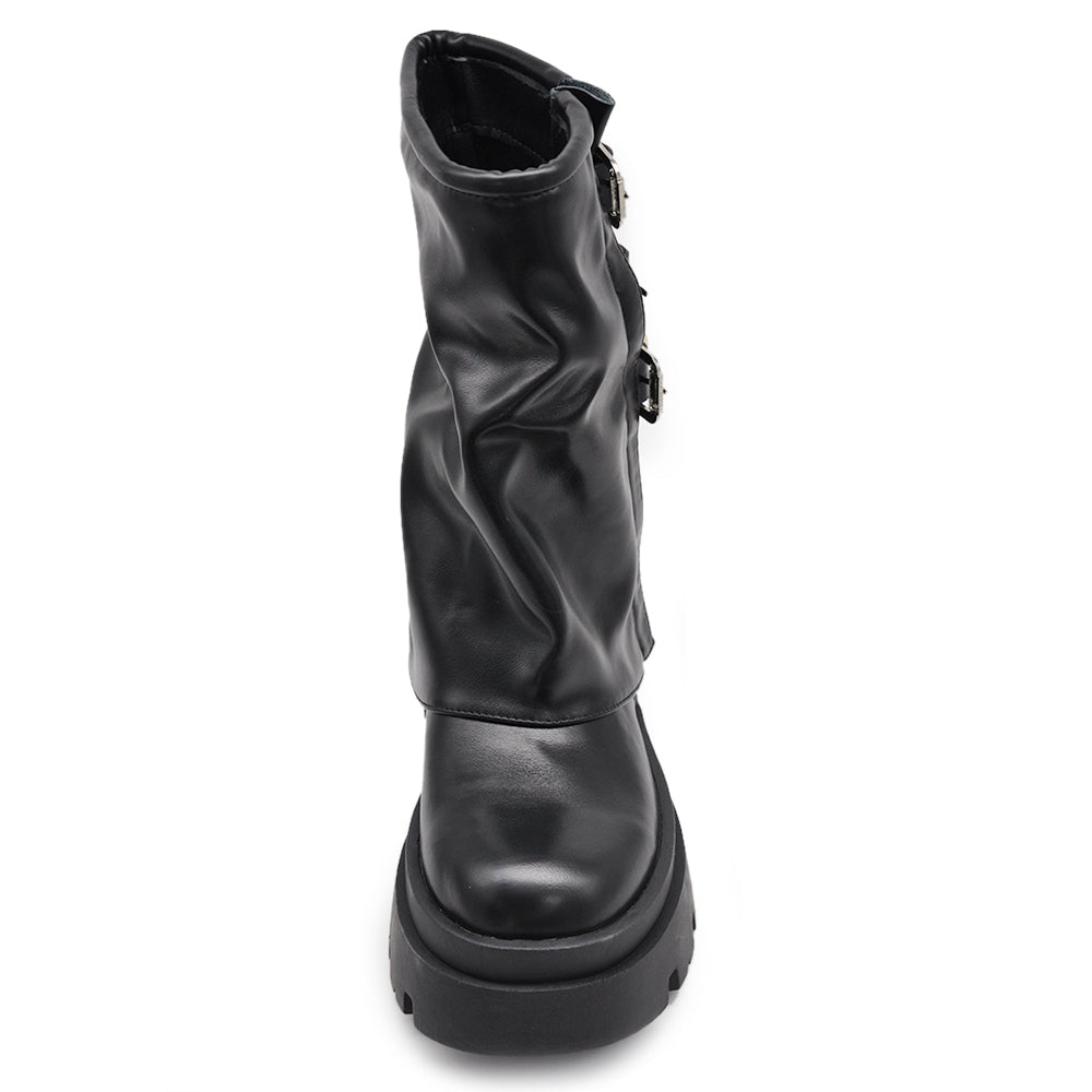 Stivali Stivaletti Da Donna Con Risvolto Fibbie Multiple Suola Carrarmato Platform Plateau K-08 nero