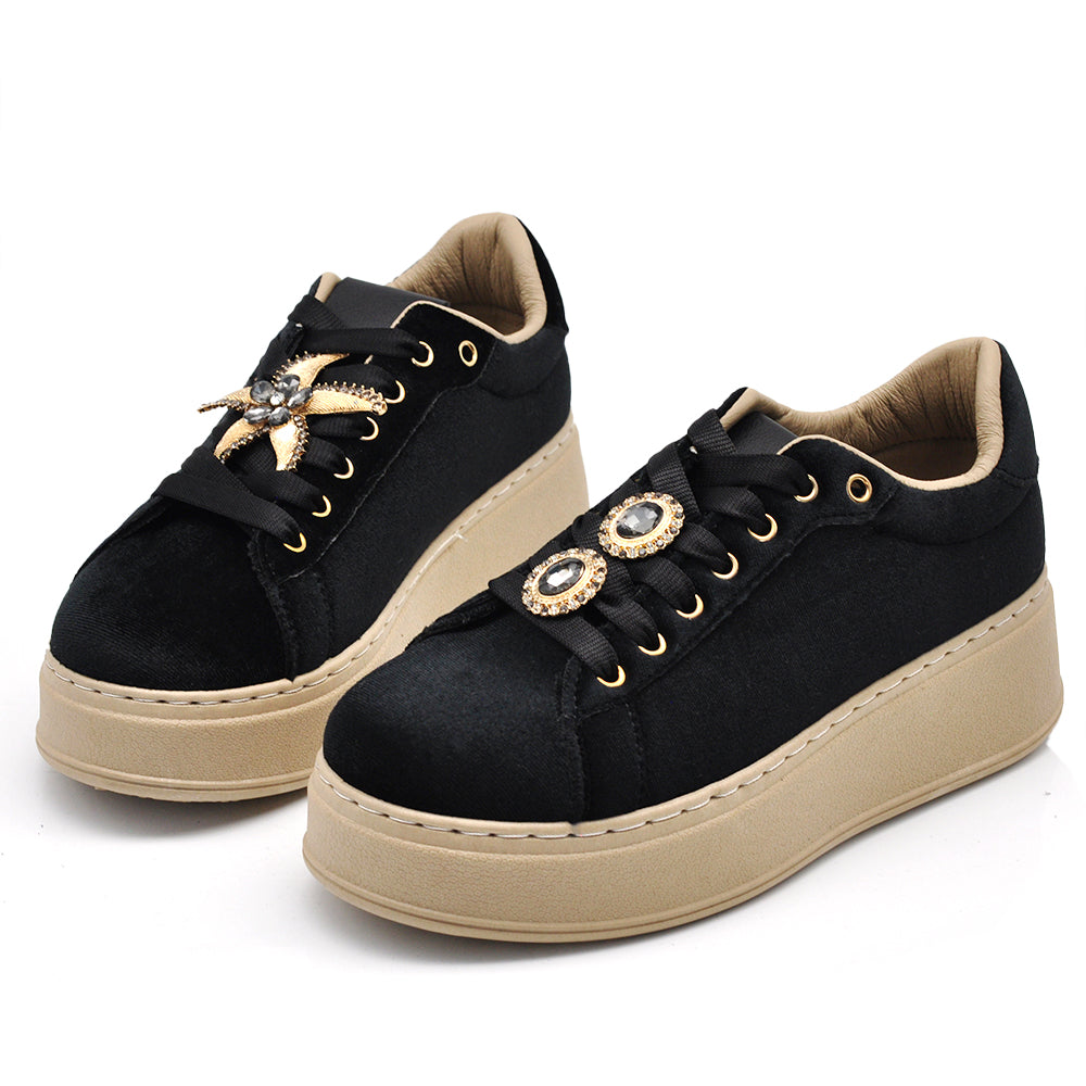 Sneakers donna platform eleganti con applicazioni gioiello scarpe casual moda comfort con decorazioni brillanti AD-147 velluto