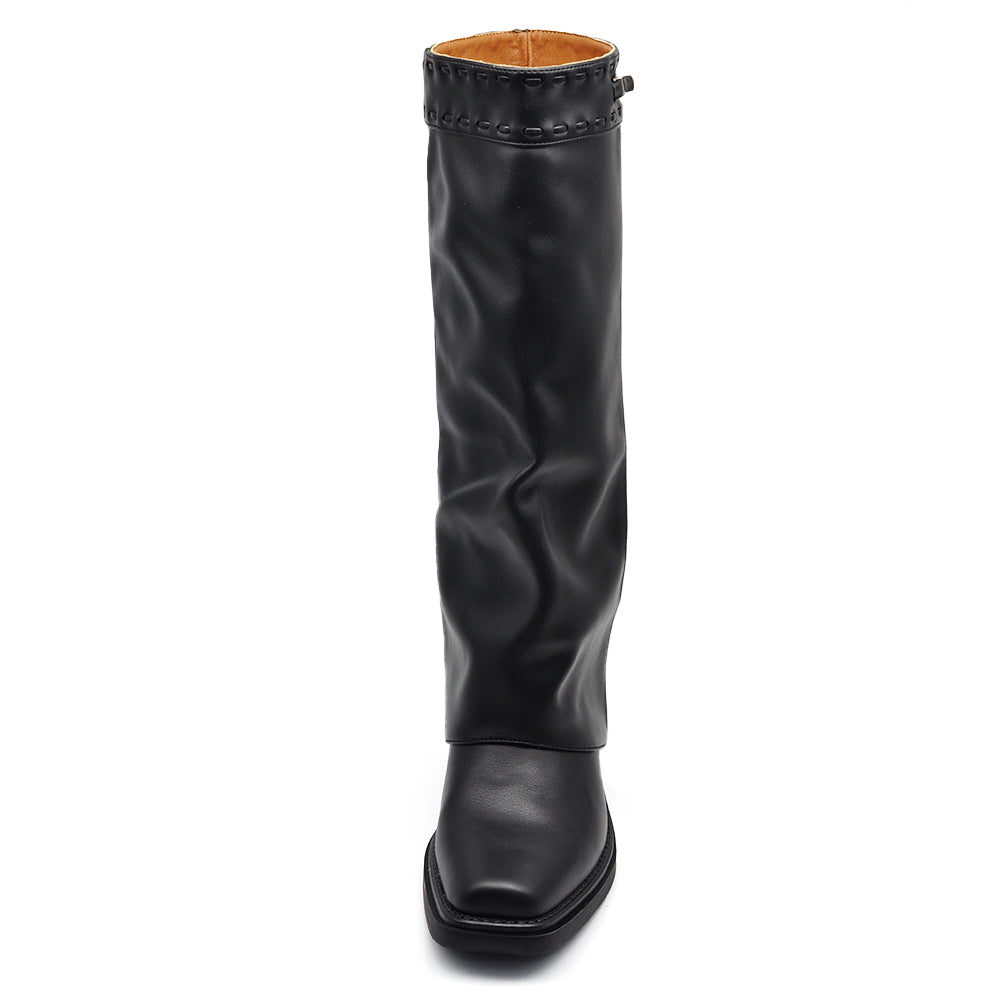 Stivali alti texani da donna con ghetta, punta quadrata e chiusura a girello decorativa sul gambale MP2741-3 nero