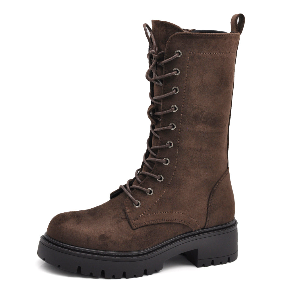 Titolo prodotto: Stivali Anfibi Donna Alti Stringati con Suola Carrarmato e Zip Laterale – Combat Boots Biker