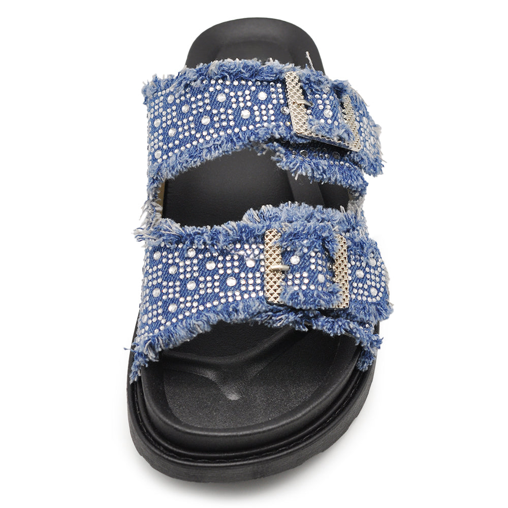 Sandali Donna Denim con Strass e Doppia Fibbia, Ciabatte Estive Casual con Plantare Ergonomico e Supporto Arco, Sandali Moda Comodi