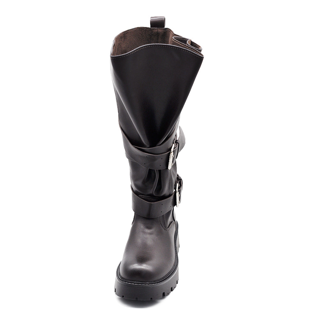 Stivali Biker Donna Alti con Maxi Linguetta Integrata, Fibbie e Cinturini, Gambale Largo, Suola Platform Carrarmato Stile Motociclista WG602