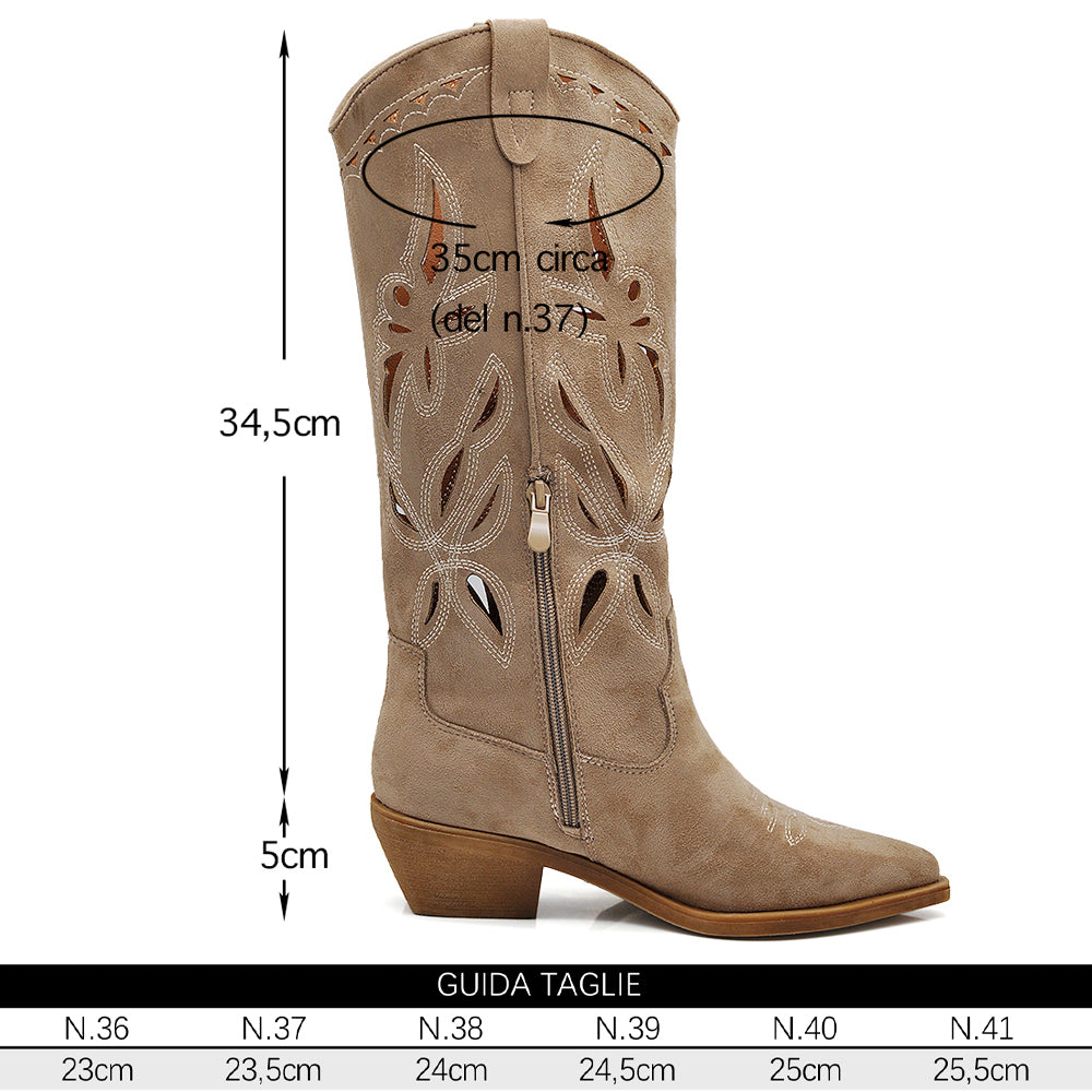 Stivali Alti Primaverili Texani Donna Traforati al Ginocchio – Stivaletti Western con Tacco Basso in gomma