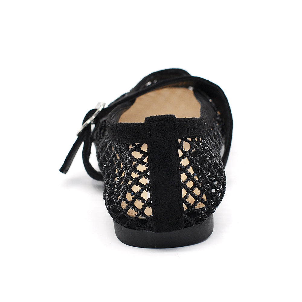 Ballerine Donna Mary Jane a Rete con Strass, Scarpe Basse Traforate con Cinturino e Fibbia, Ballerine Gioiello Eleganti