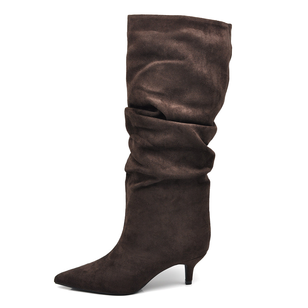 Stivali alti donna scamosciato con tacco basso a spillo gattina KITTEN HEELS arricciato elegante e confortevole A9811 beige marrone nero