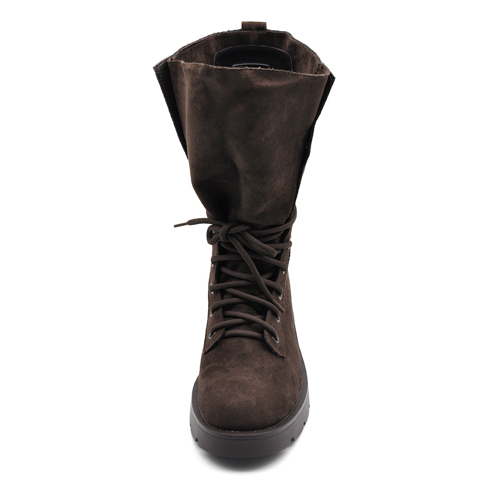 Stivali Donna Anfibi Alti Scamosciati con Lacci, Gambale Morbido e Ampio, Suola Chunky Carrarmato, Stivali Biker Casual 52280