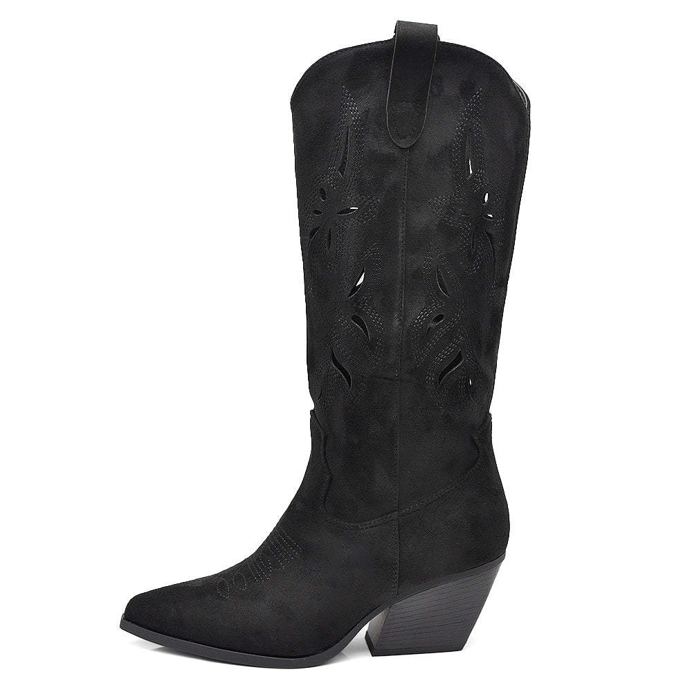 Stivali Alti Primaverili Texani Donna Traforati al Ginocchio – Stivaletti Western con Tacco Medio