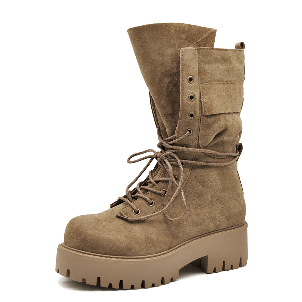 Stivali Anfibi Donna Platform con Lacci, Maxi Linguetta e Tasca Decorativa – Stivaletti Combat Casual con Suola Carrarmato 750