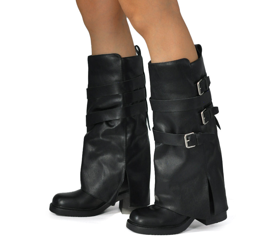 Stivali Biker Donna con Ghette, Fibbie Laterali e Tacco Largo, Modello Comodo dal Look Rock e Casual Chic