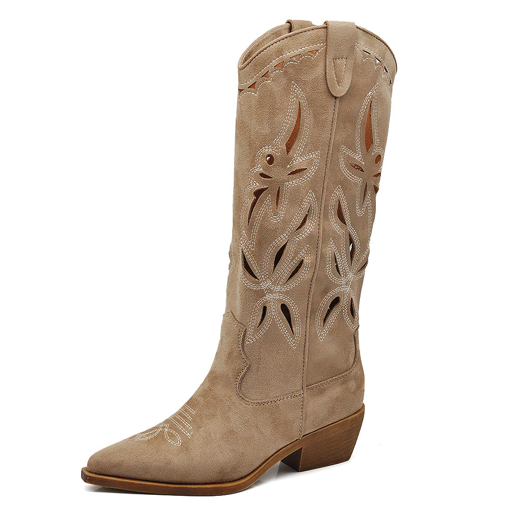 Stivali Alti Primaverili Texani Donna Traforati al Ginocchio – Stivaletti Western con Tacco Basso in gomma