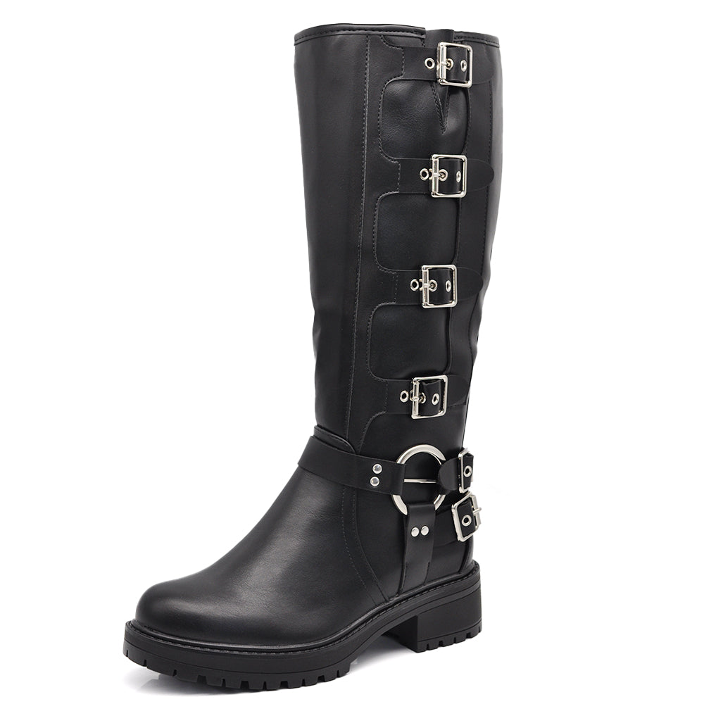 Scarpe Stivali da Donna Al Polpaccio Ginocchio Stile Biker Punk Rock Motociclista con Fibbia Multipla ML287