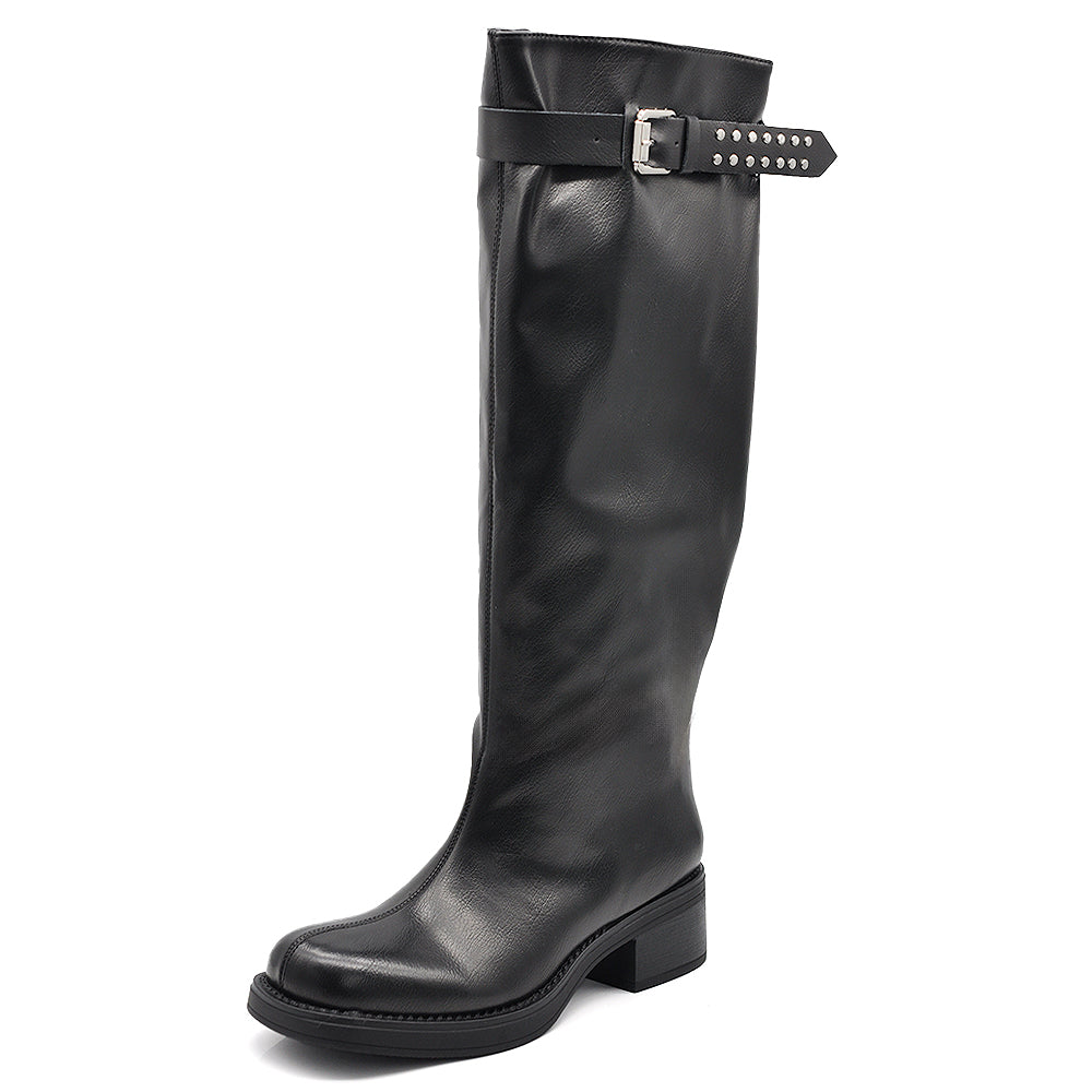 Stivali Donna Gambale Regolabile con Fibbie – Punta Quadrata Trendy, Stivali Alti Moda