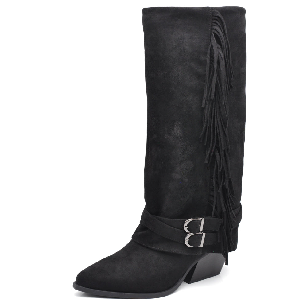 Stivali Texani Cowboy Cowgirl Con Ghetta Frange Camoscio Sintetico Camperos G709 nero marrone khaki