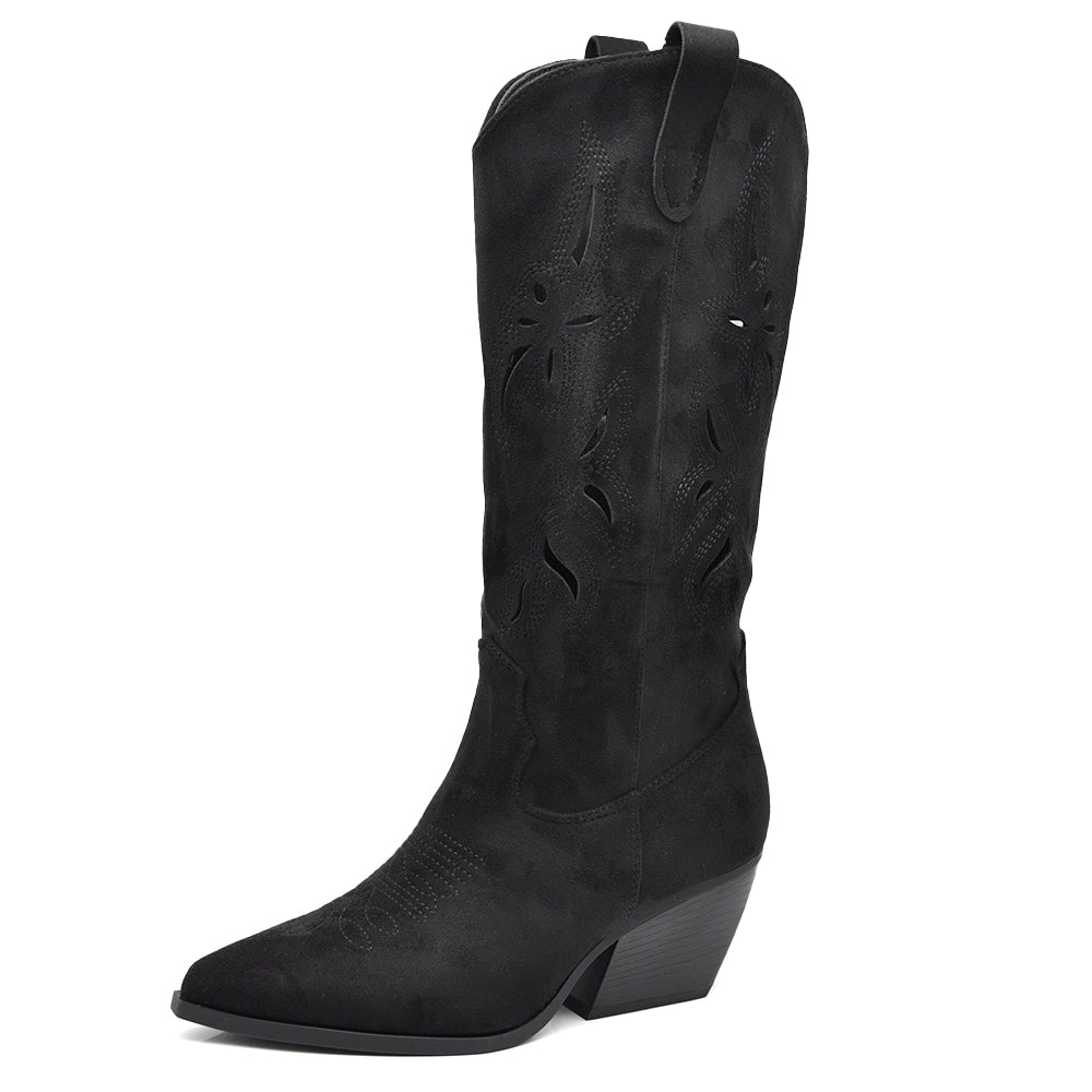 Stivali Alti Primaverili Texani Donna Traforati al Ginocchio – Stivaletti Western con Tacco Medio