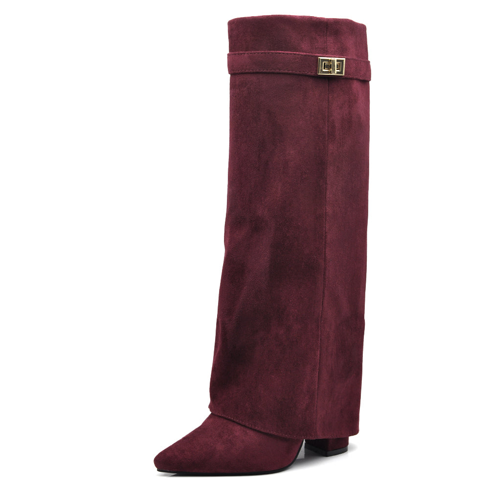 Stivali Donna A Punta  Tacco Alto Stile Western – Alti al Ginocchio Camoscio Sintetico 6885