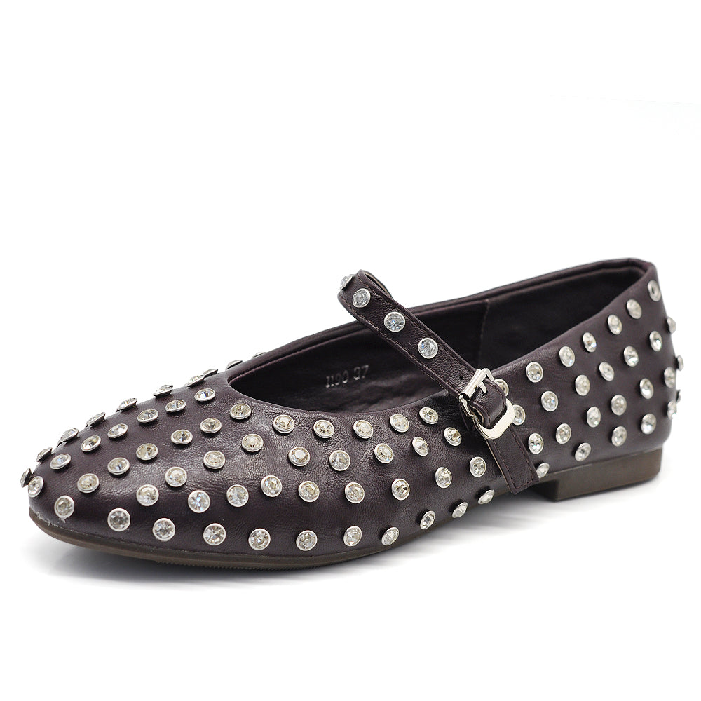 Mary Jane Ballerine con Cinturino Borchie e Strass Brillantini Punta Tonda in Pelle H90
