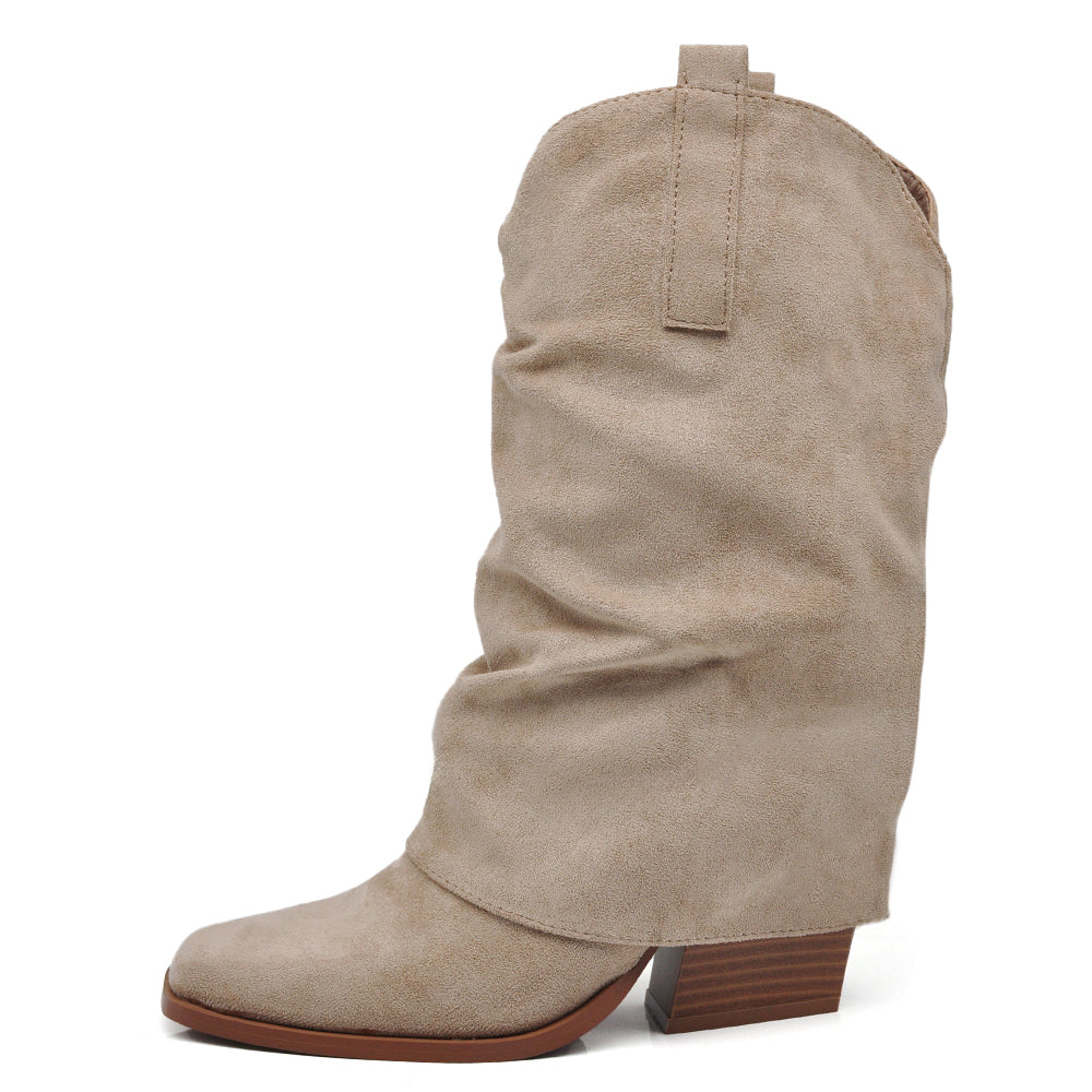 Scarpe da Donna Stivali Texani Western Stivaletti Arricciati Scamosciati Con Ghette Punta Quadrata MP738