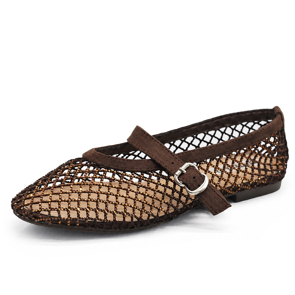 Ballerine Donna Mary Jane a Rete con Strass, Scarpe Basse Traforate con Cinturino e Fibbia, Ballerine Gioiello Eleganti