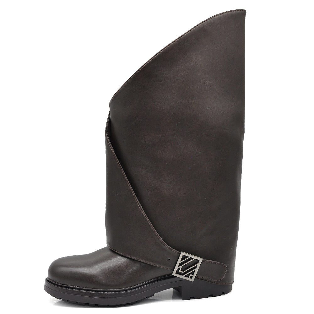 Stivali Biker da Donna Alti con Gambale Extra Largo con Fibbia Suola Carrarmato Antiscivolo Casual