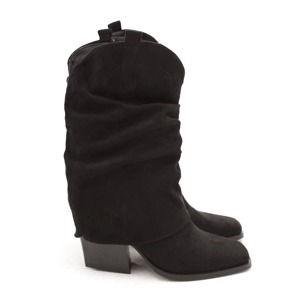 Scarpe da Donna Stivali Texani Western Stivaletti Arricciati Scamosciati Con Ghette Punta Quadrata MP738