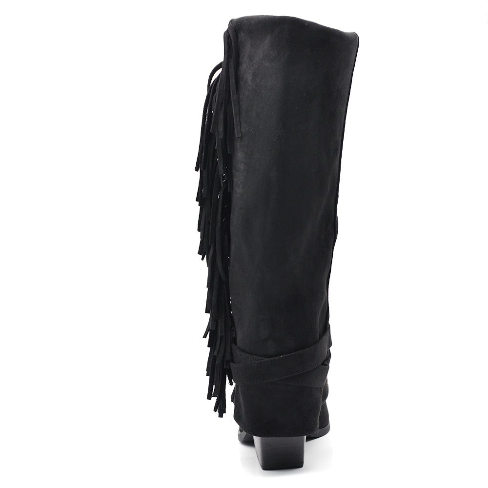 Stivali Texani Cowboy Cowgirl Con Ghetta Frange Camoscio Sintetico Camperos G709 nero marrone khaki