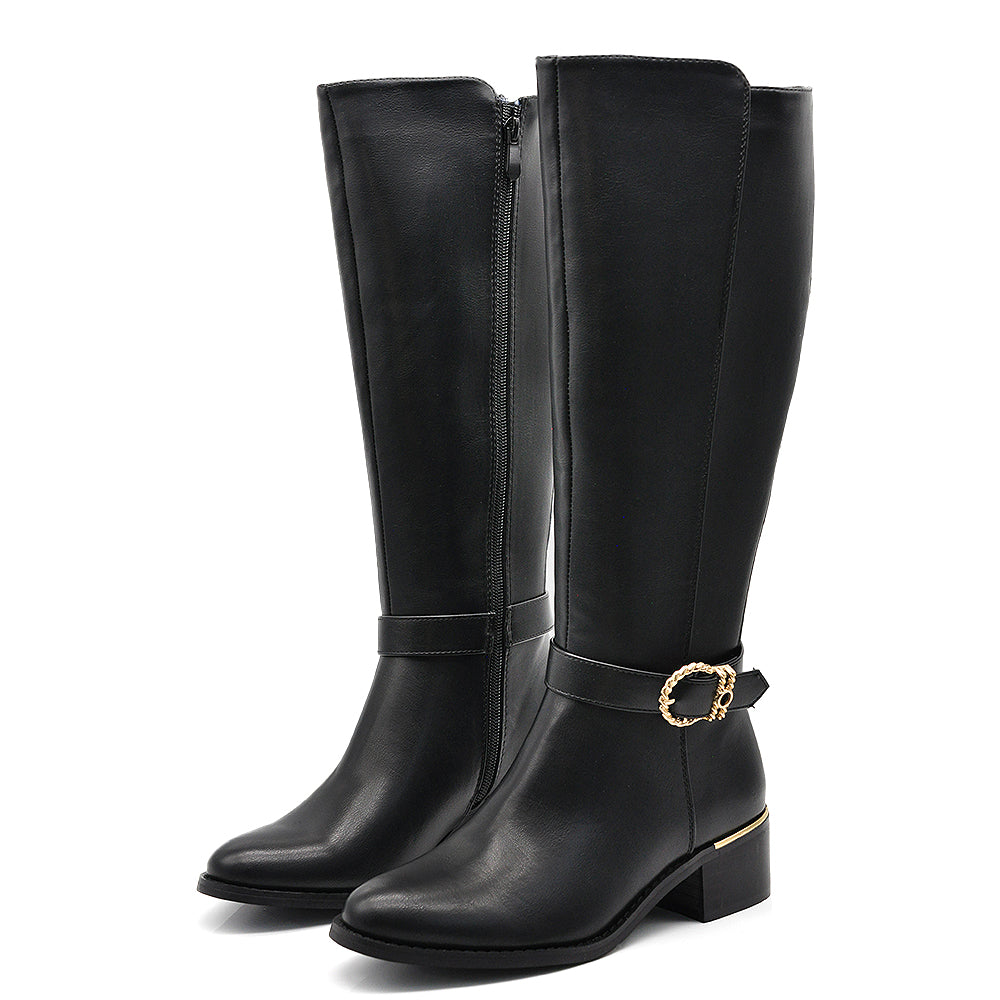 Stivali alti da donna con fibbia dorata eleganti al ginocchio  tacco basso gambale elasticizzato 2417-1