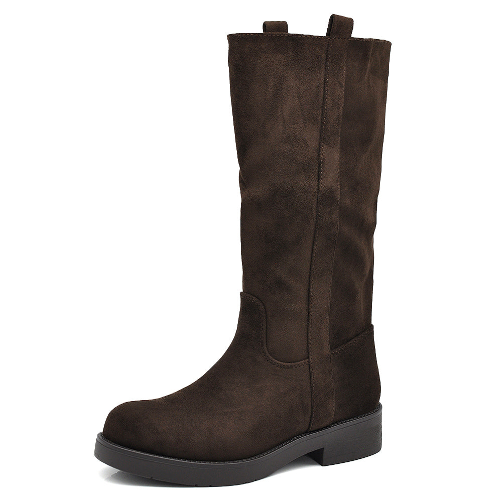 Stivali Biker Donna Alti con Gambale Dritto, Suola Chunky e Tacco Basso – Stivali Moto Casual