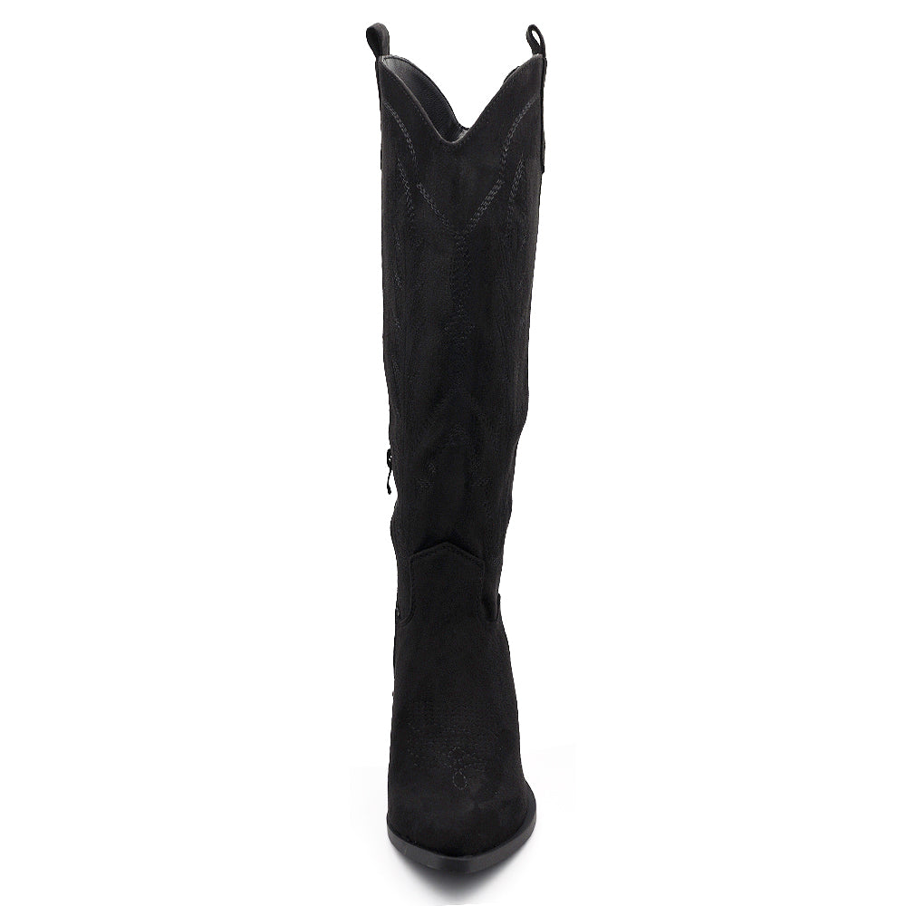 Stivali Alti Texani Donna al Ginocchio con Tacco Largo – Stivali Western Leggeri in Materiale Camoscio Sintetico