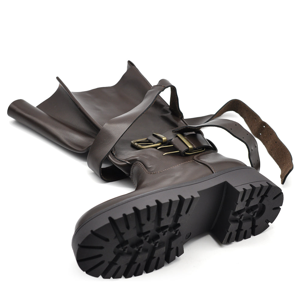 Stivali Biker Donna al Polpaccio con Maxi Linguetta Integrata, Fibbie e Cinturini, Gambale Largo, Suola Platform Carrarmato Stile Motociclista G737