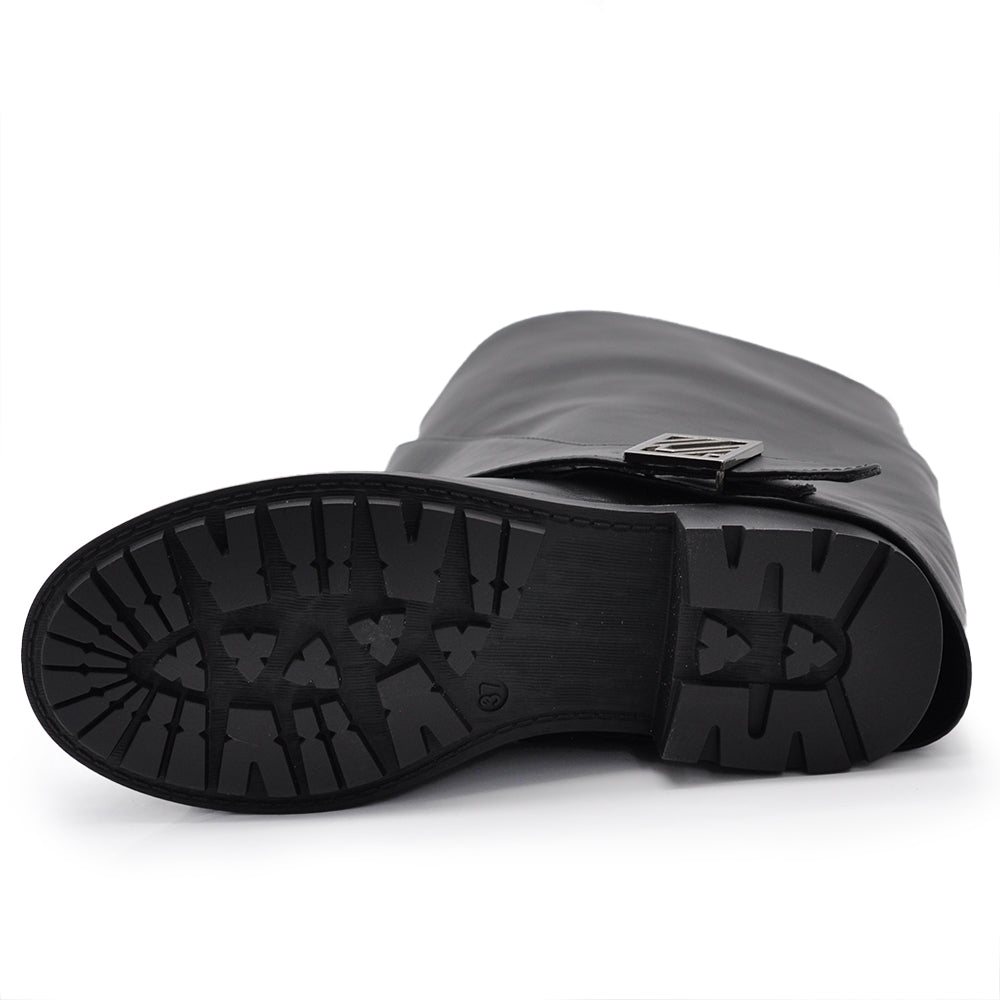 Stivali Biker da Donna Alti con Gambale Extra Largo con Fibbia Suola Carrarmato Antiscivolo Casual