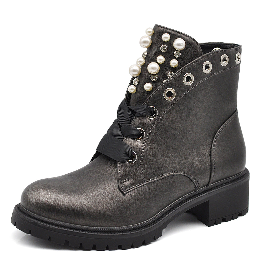 Anfibi Stivali Stivaletti con Strass e Perline MS1555 colore canna di fucile