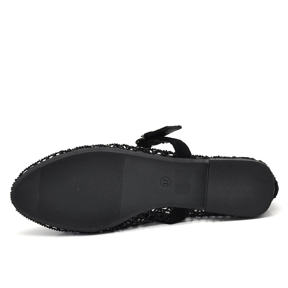 Ballerine Donna Mary Jane a Rete con Strass, Scarpe Basse Traforate con Cinturino e Fibbia, Ballerine Gioiello Eleganti