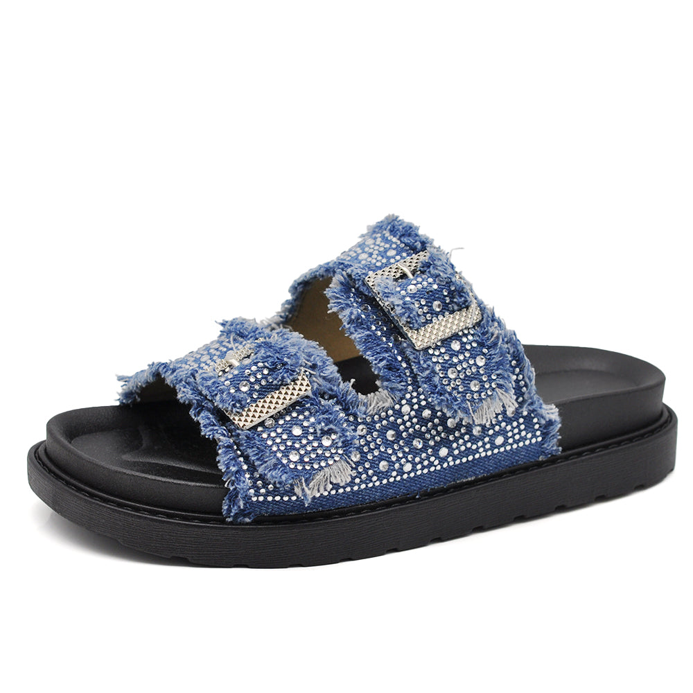 Sandali Donna Denim con Strass e Doppia Fibbia, Ciabatte Estive Casual con Plantare Ergonomico e Supporto Arco, Sandali Moda Comodi