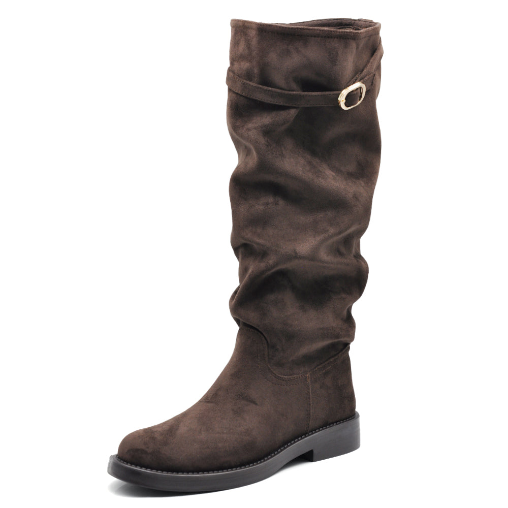 Stivali Alti Donna Morbidi Arricciati in Effetto Scamosciato con Fibbia, Gambale Slouchy e Tacco Basso WG605