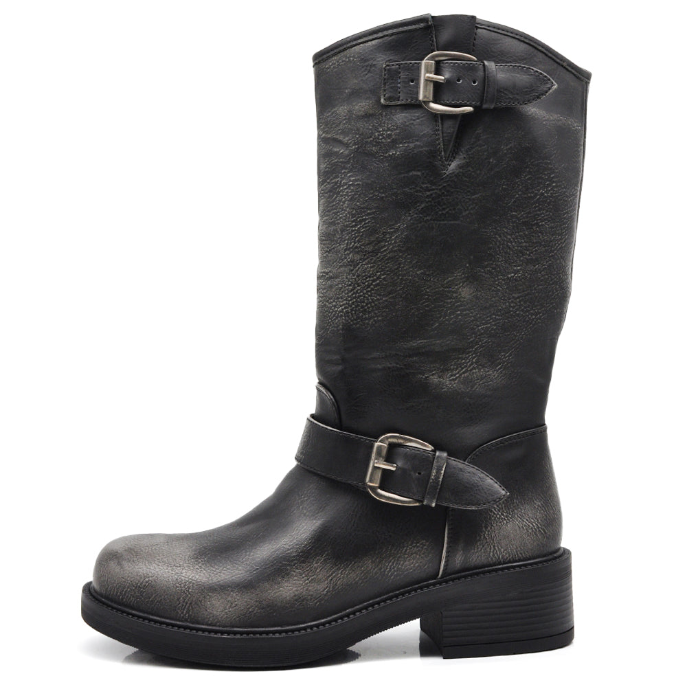 Stivali Biker Motociclista da Donna con Fibbia Effetto Vintage MP2743-4 nero marrone