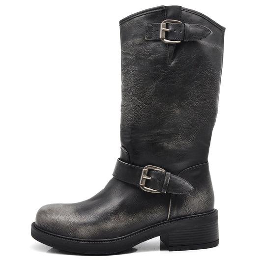 Stivali Biker Motociclista da Donna con Fibbia Effetto Vintage MP2743-4 nero marrone
